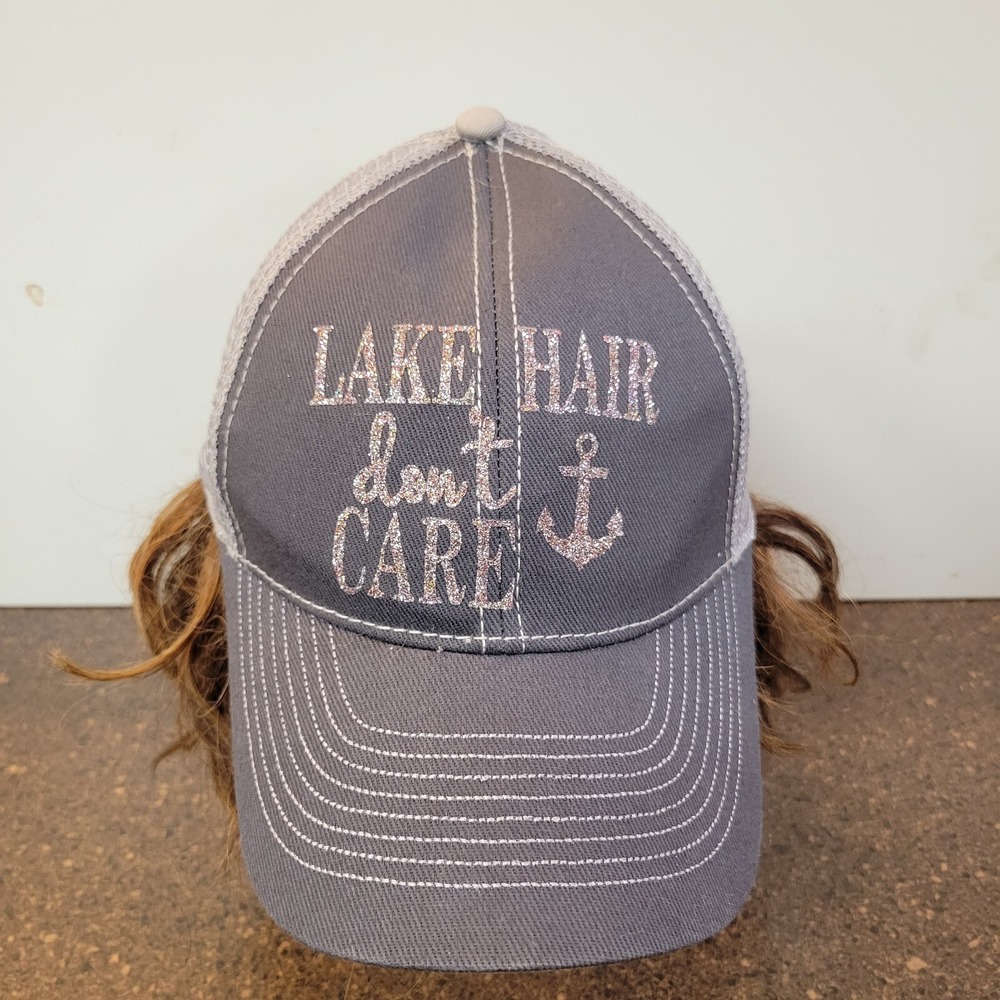 Mega Cap Trucker Hat Unisex OS Gray White Cotton Back Mesh Lake Hair Don't Care